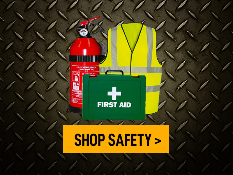 Garage Workshop Safety Equipment UK England  First Aid Box Fire Extinguisher fluorescent jacket bandage ear protectors mufflers safety goggles  