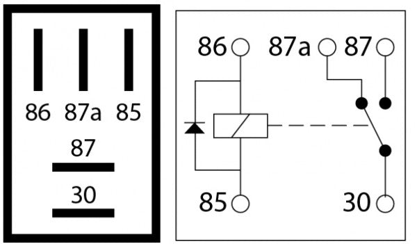 Micro Relay 5-pin, Changeover, 24v 20A with Diode - 